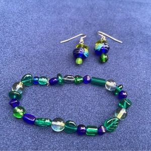 Earring and bracelet set, Glass Beaded Earrings, Cobalt Blue Dangle